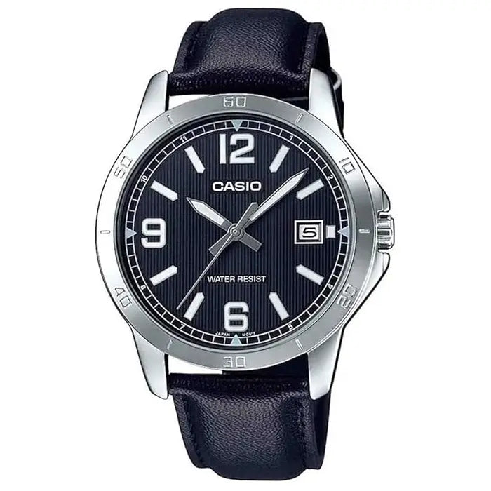 Casio Enticer MTP-V004L-1BUDF Date Analog Black Dial Leather Strap Men's Watch