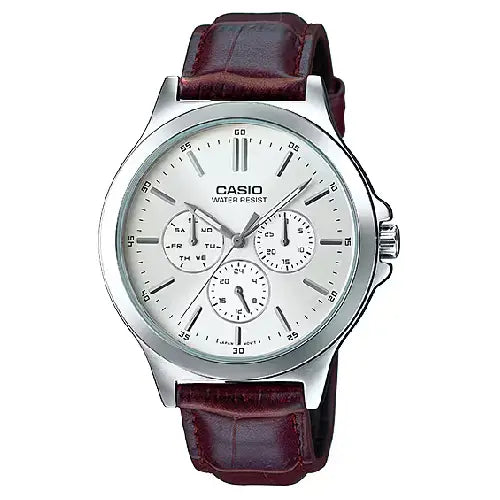 Casio Enticer MTP-V300L-7AUDF Multi-Dial Analog Silver Dial Leather Strap Men's Watch