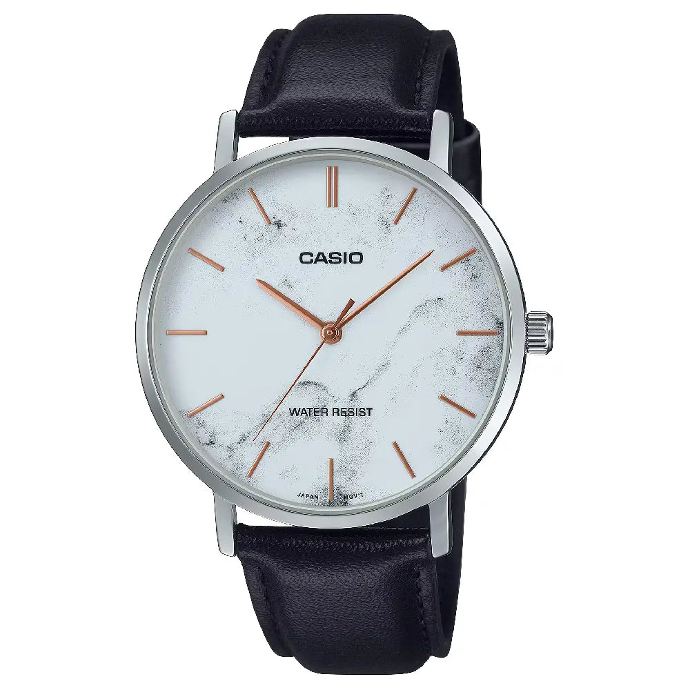 Casio Enticer Analog MTP-VT01LM-7AUDF Silver Dial (Marble Design) Leather Strap Men's Watch