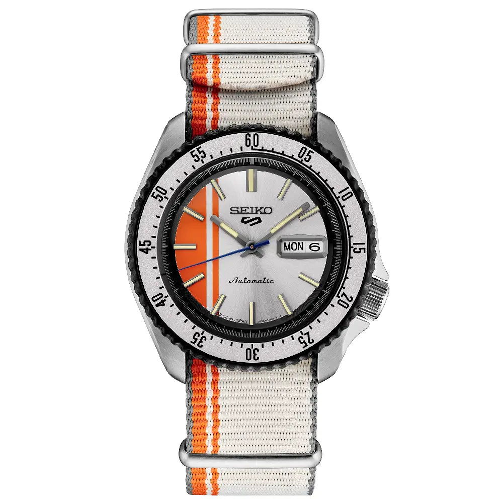 Seiko 5 Sports SRPK73 men's automatic watch silver orange dial nylon strap