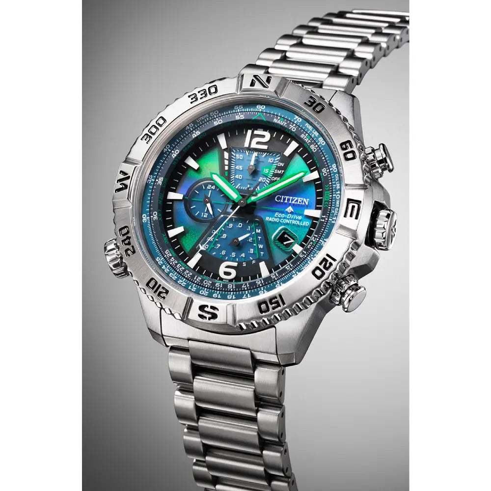 Citizen Navihawk AT8220-55W chronograph blue green dial close up