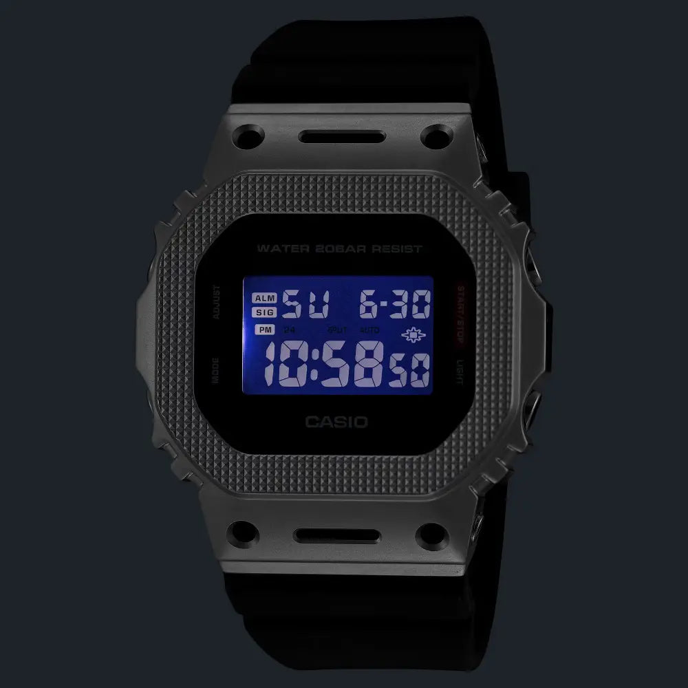 Casio G-Shock "Modern Industrial" Metal Covered GM-5600M-1PR Silver Digital Display 43.2mm Resin Strap Unisex Watch