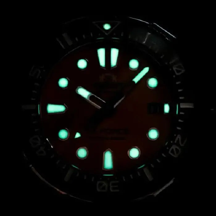 Orient M-Force RA-AC0L08Y men's watch front view orange dial diver design