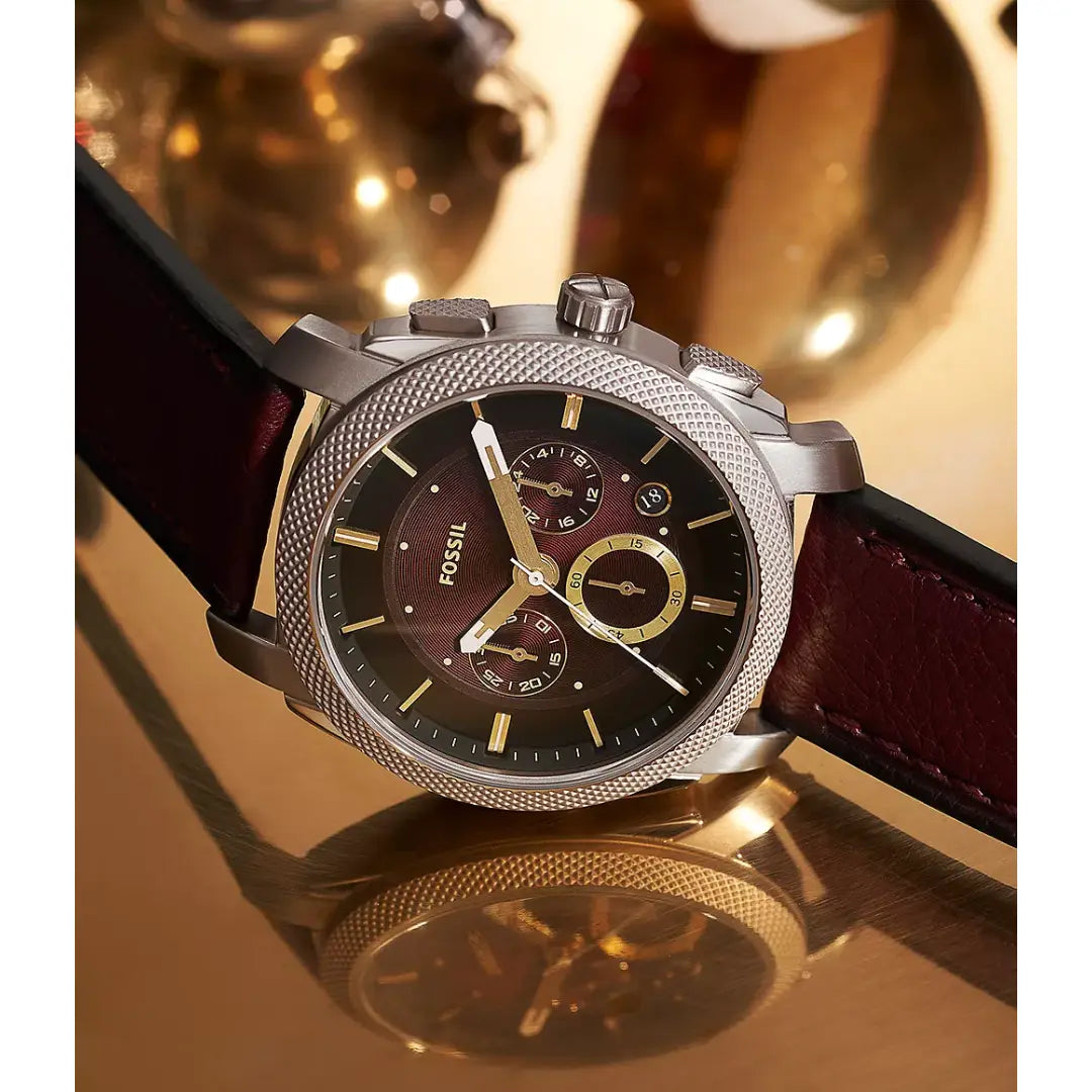 Fossil Machine FS5884 Chronograph Red/Brown Dial Leather Strap Men's Watch