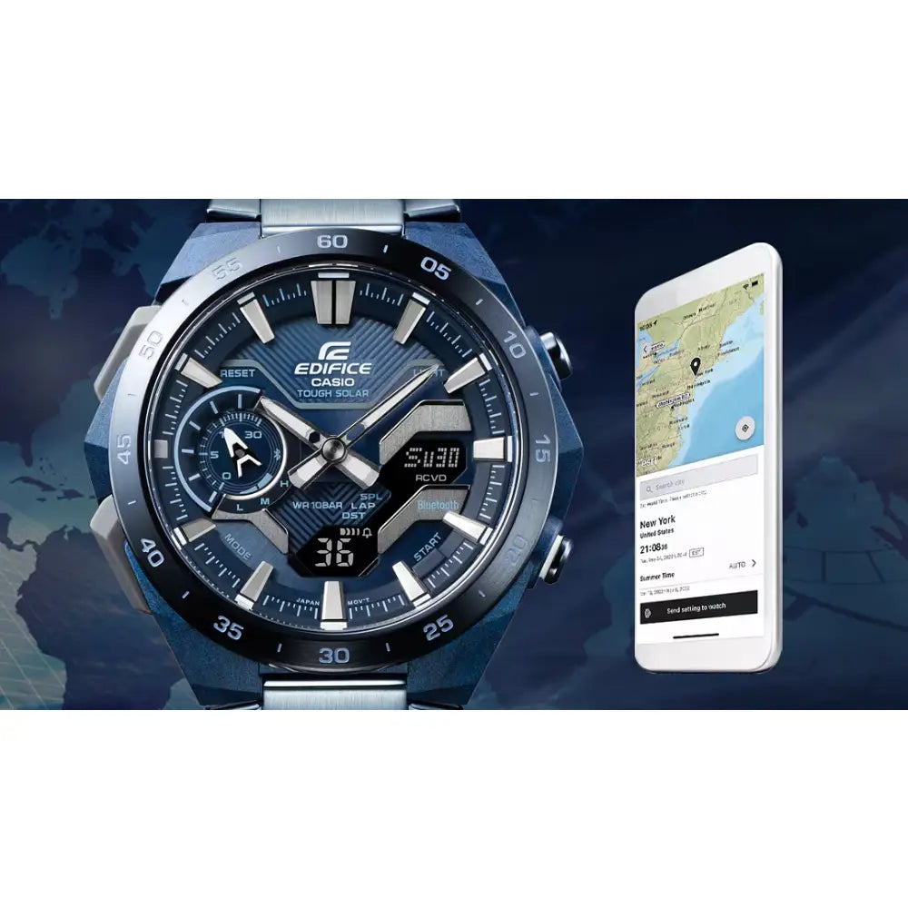 Casio Edifice WindFlow ECB-2200CB-2A Analog-Digital "Race Car Inspired" Solar Bluetooth Blue Carbon Fiber Dial Stainless Steel Men's Watch