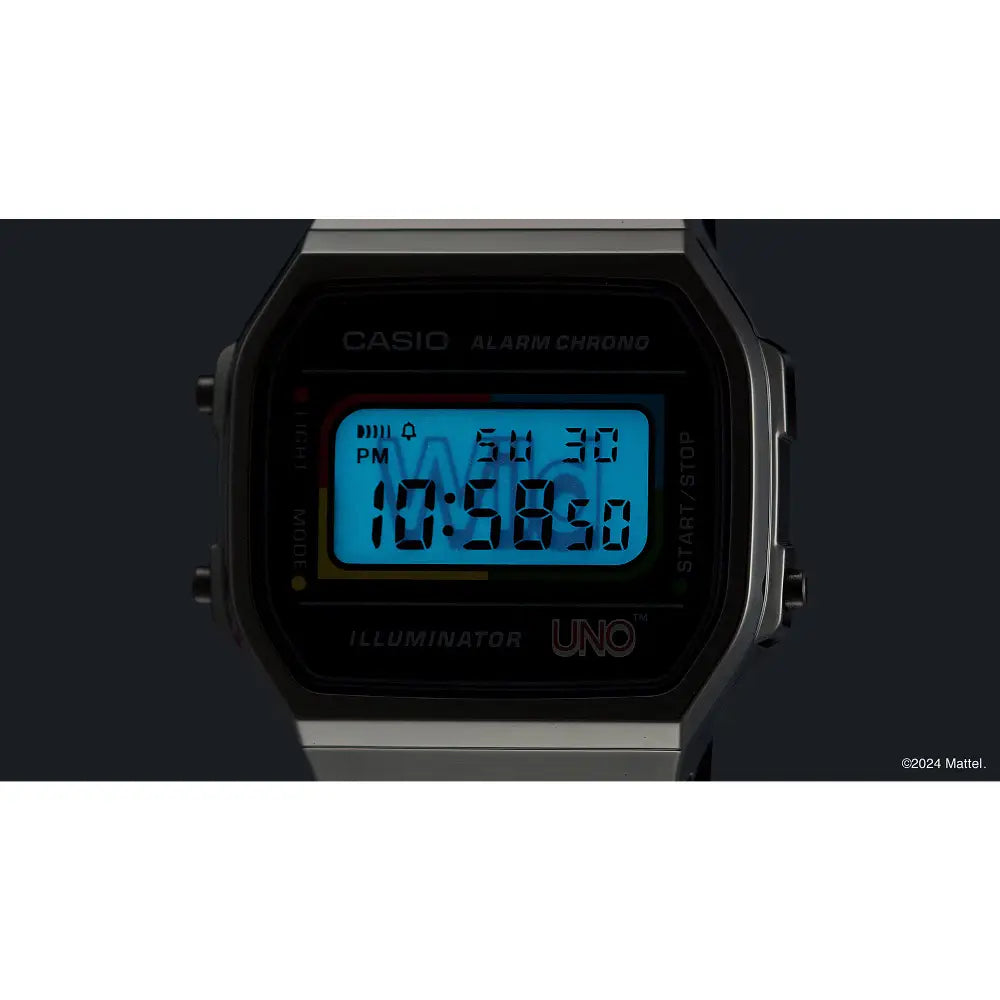 Casio Vintage Digital A168WEUC-1ADR Black with UNO Motif Dial Stainless Steel Unisex Watch