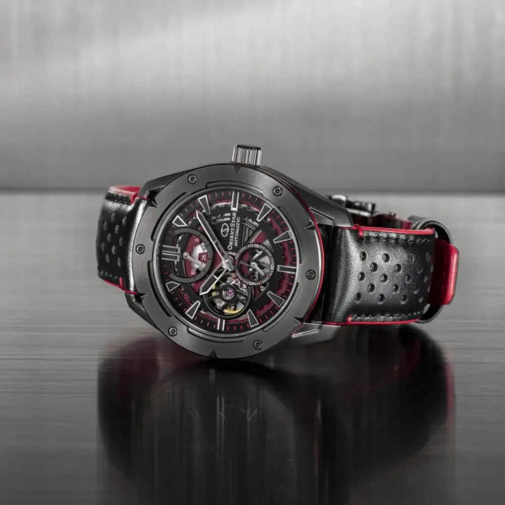 Orient Star RE-AV0A03 Contemporary Automatic Open Heart Power Reserve Black Dial Leather Strap Men's Watch