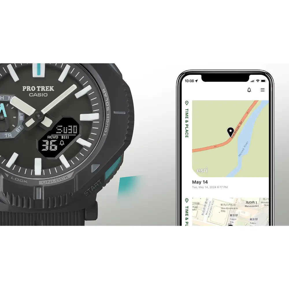 Casio ProTrek ProTrek PRJ-B001-1D watch and smartphone with map app on a white background