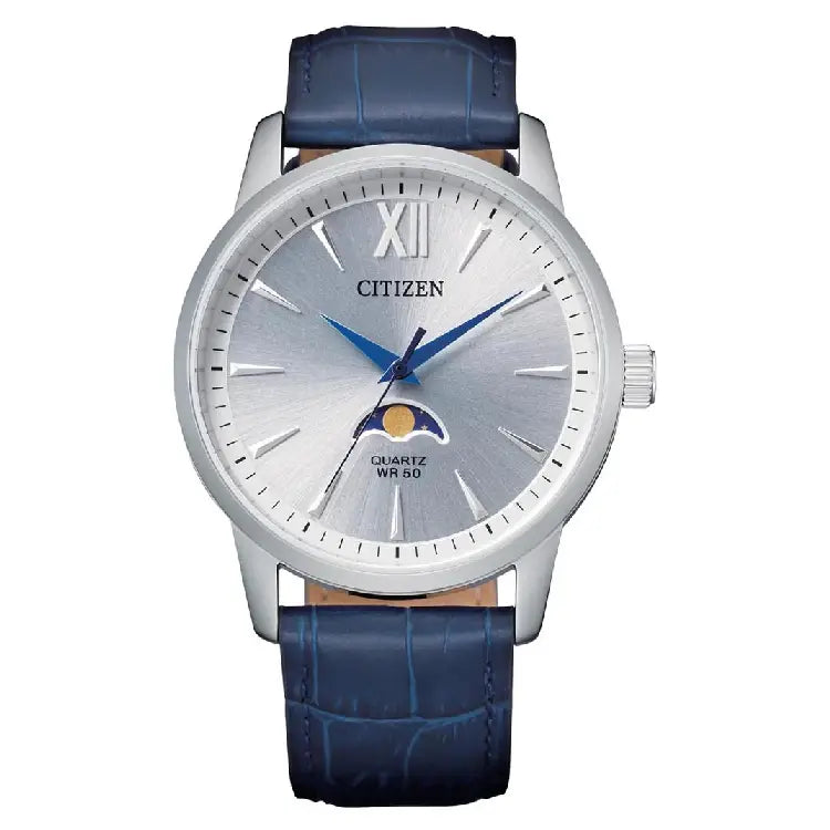 Citizen AK5000-03A Moon Phase Quartz Analog Silver Dial 42mm Leather Strap Men's Watch
