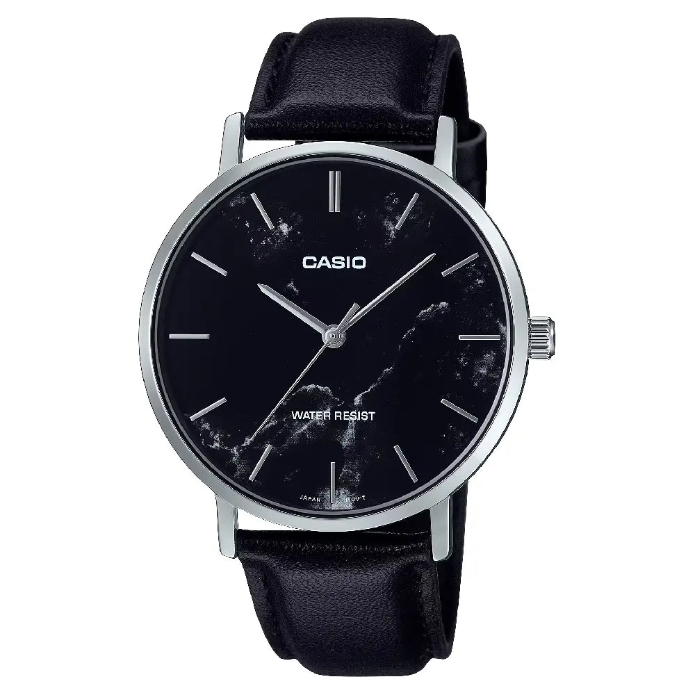Casio Enticer Analog Minimalist MTP-VT01LM-1AUDF Black Dial 40mm Leather Strap Men's Watch