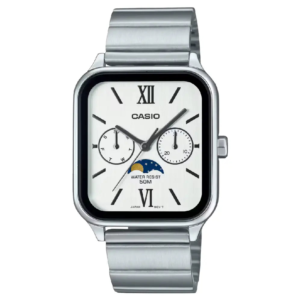 Casio Enticer MTP-M305D-7A2VDF Multi-Hand Moon Phase Analog White Dial Stainless Steel Men's Watch