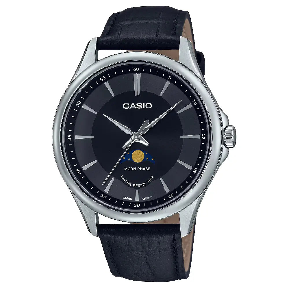 Casio Enticer MTP-M100L-1AVDF Moon Phase Analog Black Dial Leather Strap Men's Watch