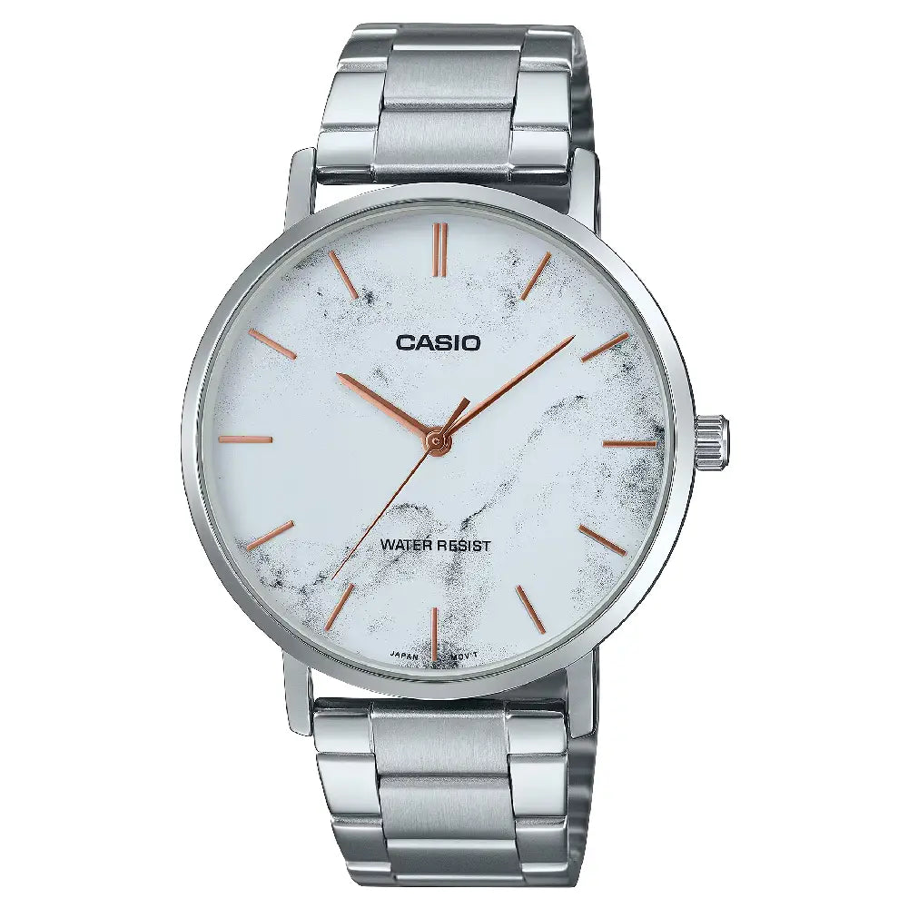 Casio Enticer Analog MTP-VT01DM-7AUDF White Dial (Marble Design) Stainless Steel Men's Watch