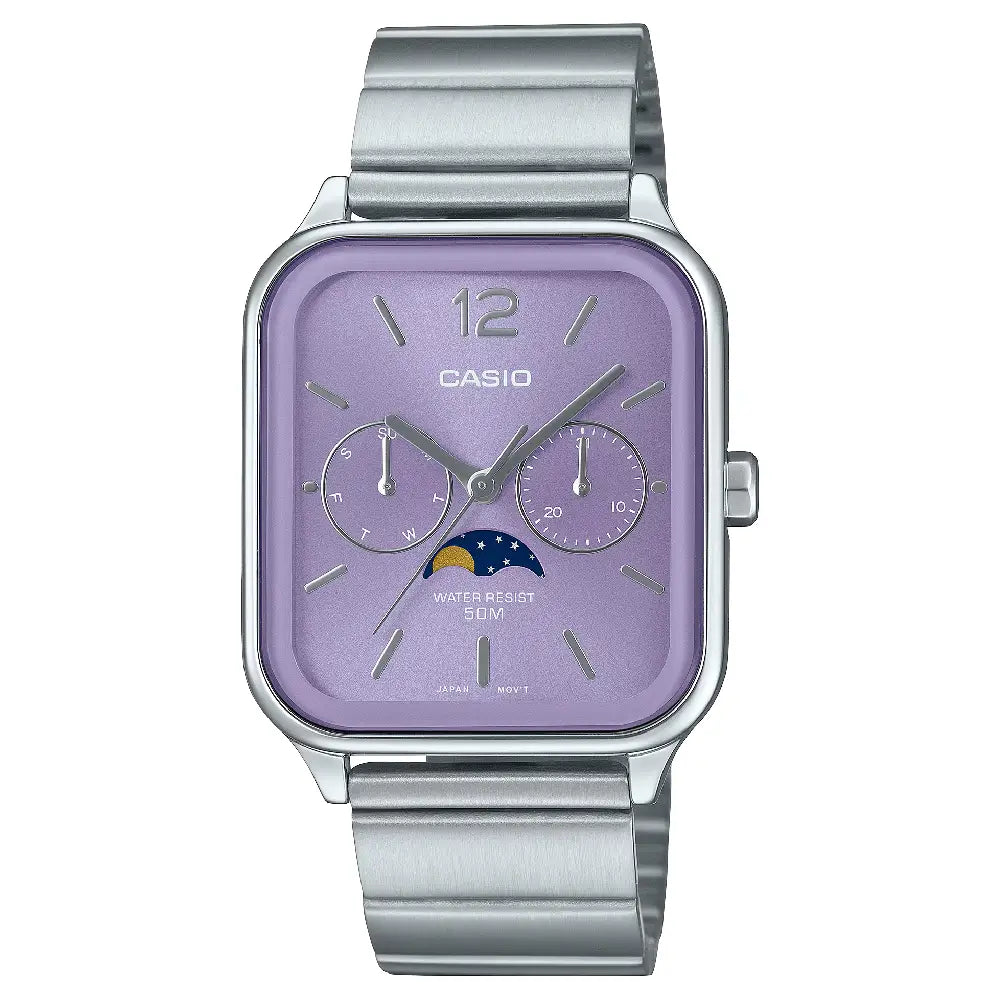 Casio Enticer MTP-M305D-6AVDF Multi-Hand Moon Phase Analog Purple Dial Stainless Steel Men's Watch