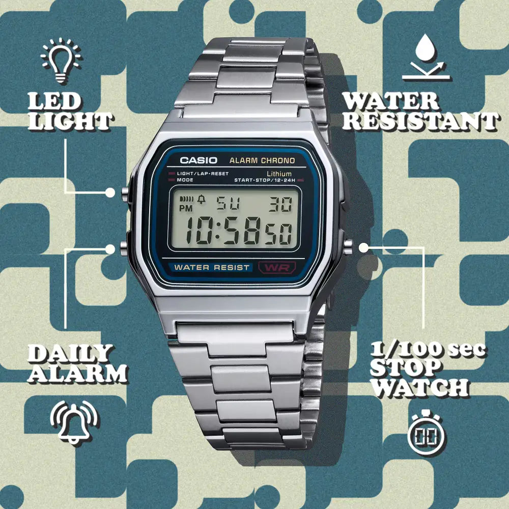 Casio Vintage Digital A158WA-1DF Black Dial Stainless Steel Unisex Watch