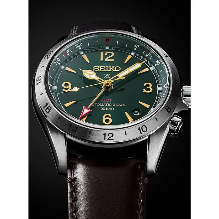 Seiko Prospex SBEJ005 Alpinist GMT green dial 39.5mm men's watch leather strap