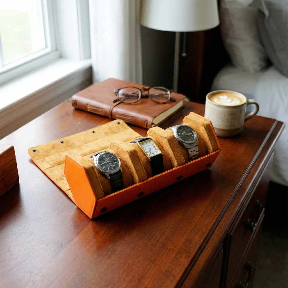 Hexagonal Premium Leather Watch Roll - 3 Slots