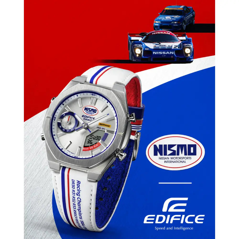 Casio Edifice Limited Edition "NISMO Heritage" ECB-S10NIS-7 Analog-Digital Solar Bluetooth White Dial 43mm Leather Strap Men's Watch