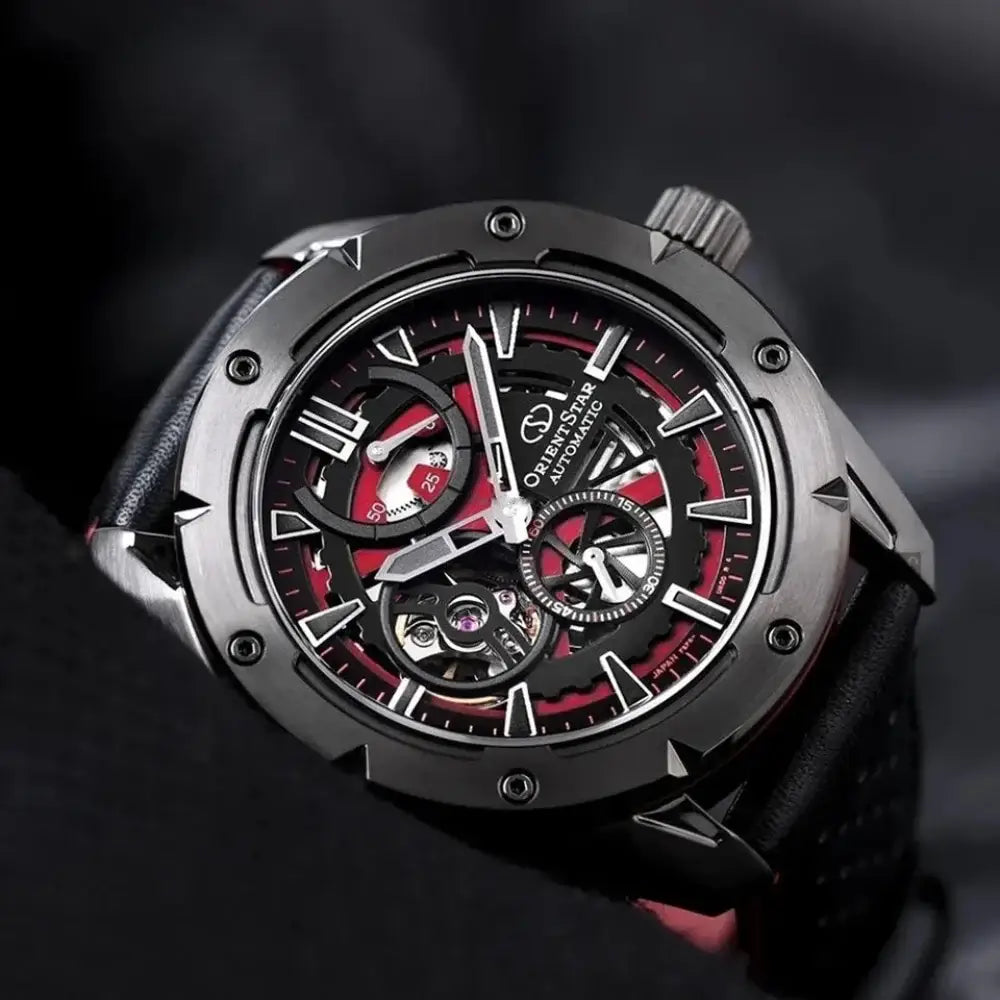 Orient Star RE-AV0A03 Contemporary Automatic Open Heart Power Reserve Black Dial Leather Strap Men's Watch
