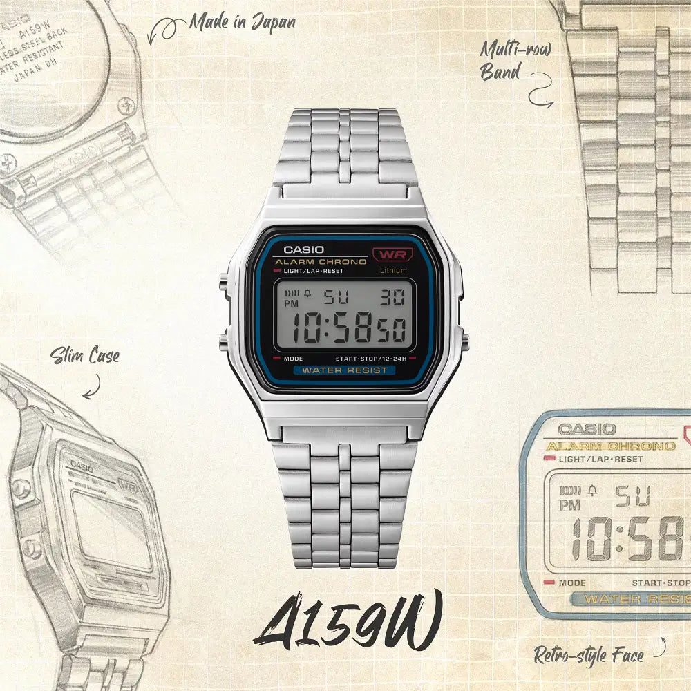 Casio Vintage Digital A159W-N1DF Black Dial Stainless Steel Unisex Watch