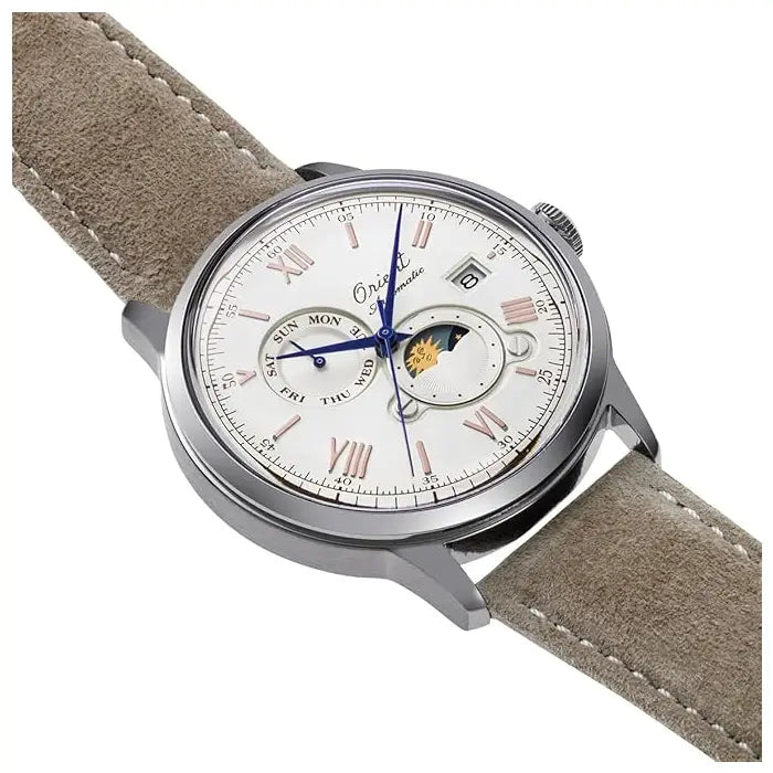 Orient Classic RN-AK0808S (RA-AK0808S) Automatic "Bambino Sun & Moon" 75th Anniversary Limited Edition (5,500 Pieces) White Dial 41.5mm Leather Strap Men's Watch