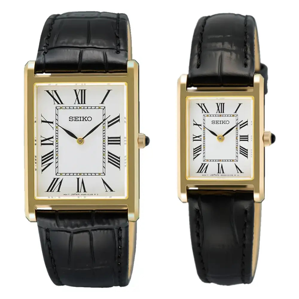 Seiko Essentials Classic SWR104P1 & SWR108P1 (Seiko Tank) White Dial Leather Couples Watch Collection