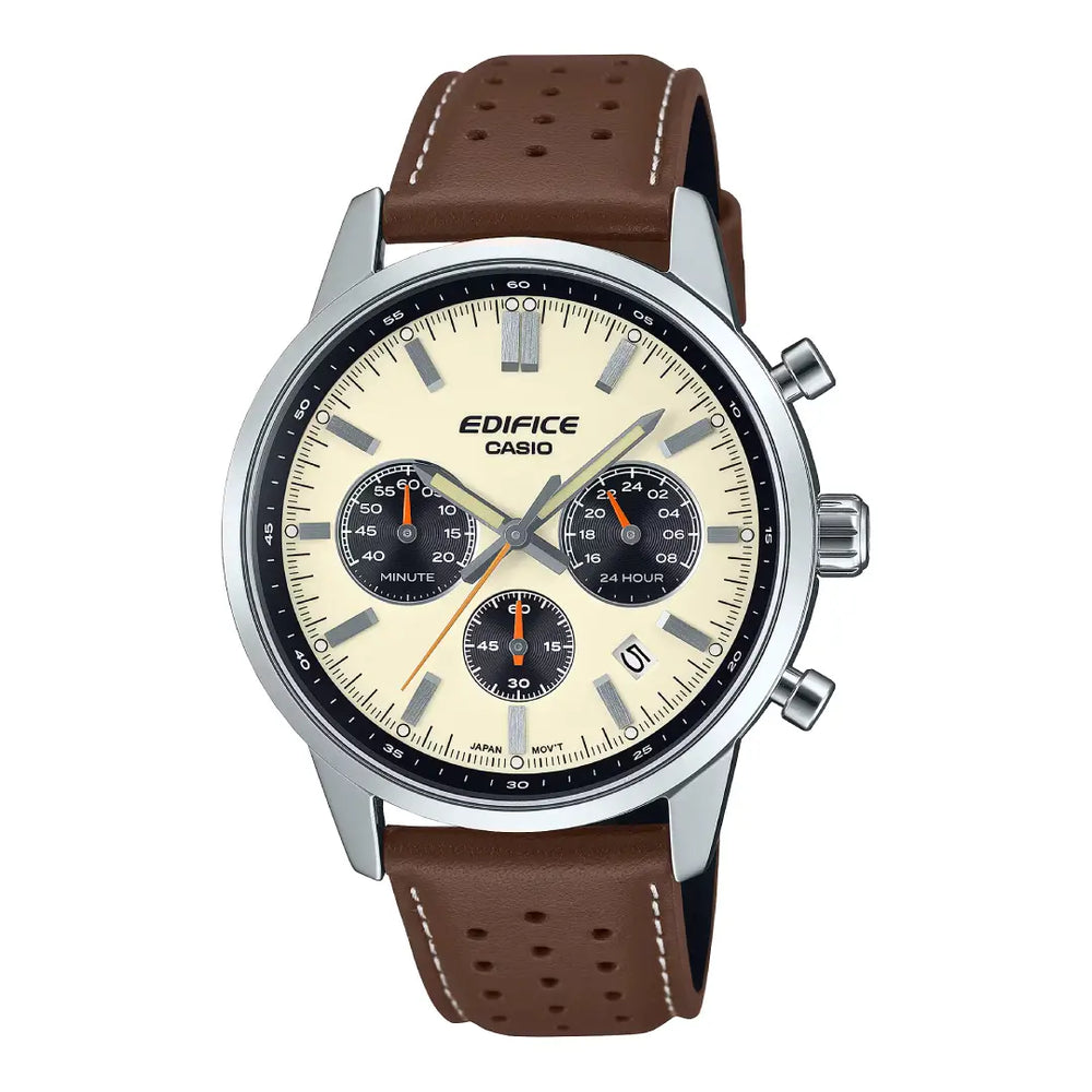 Casio Edifice EFR-575L-7ADF Beige Dial 41mm Leather Strap Men's Watch
