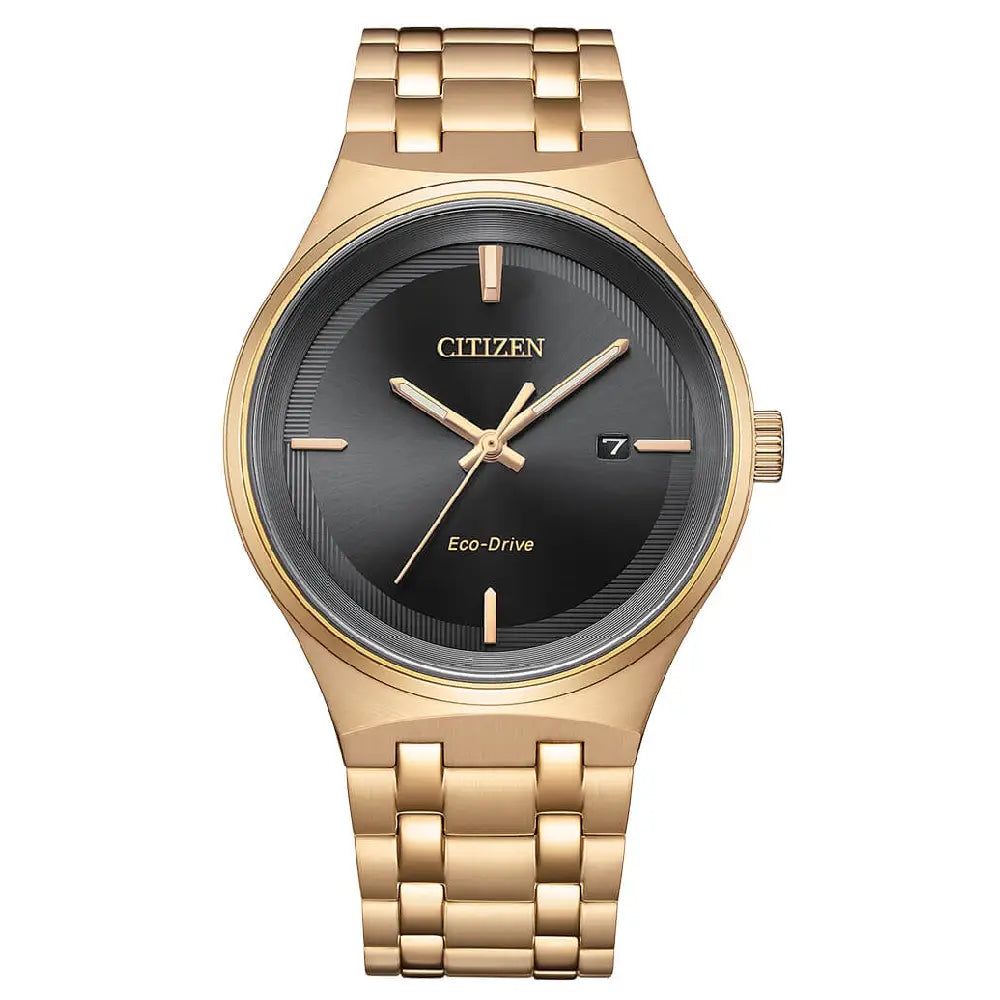 Citizen Eco Drive Axiom BM7653-50E black dial 40mm gold tone stainless steel men's watch