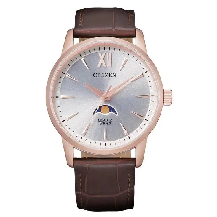 Citizen AK5003-05A Moon Phase Quartz Analog Silver Dial 42mm Leather Strap Men's Watch