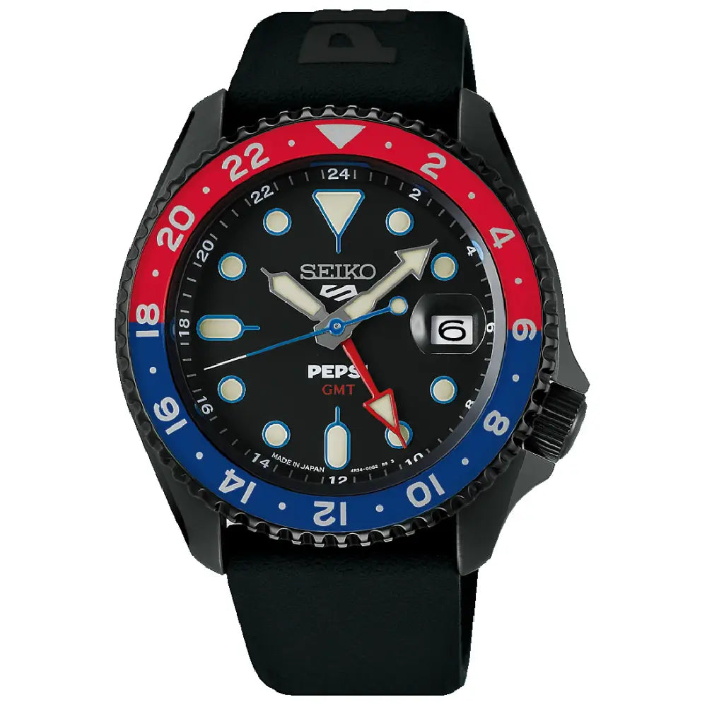 Seiko 5 Sports SBSC023 Automatic GMT Limited Edition "SKX GMT Pepsi" Black Dial 42.5mm Resin Strap Men's Watch