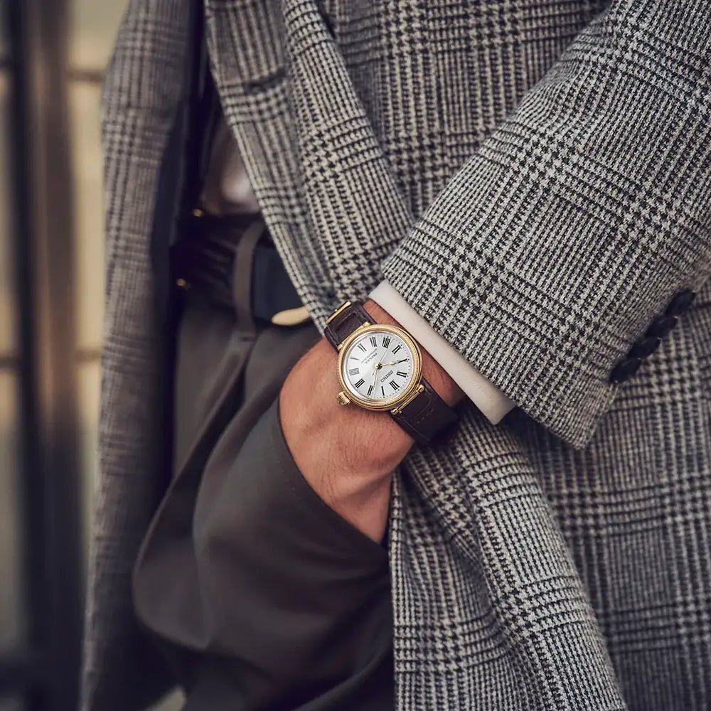 Seiko SARX136 SPB538J1 wrist watch with leather strap and enamel dial detail