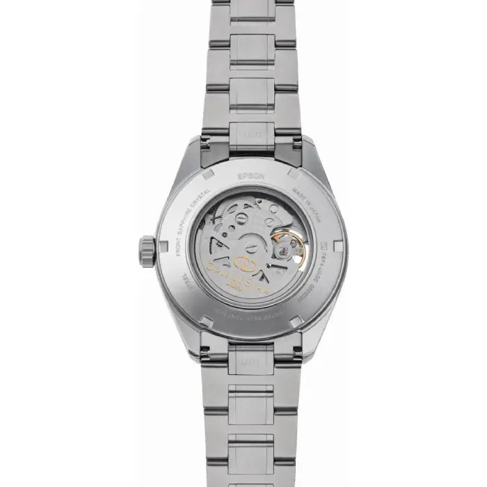 Orient Star RE AV0114E00B green dial 41mm automatic stainless steel mens skeleton watch back view