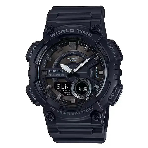 Casio Youth Analog-Digital World Time AEQ-110W-1BVDF Black Dial Resin Strap Men's Watch
