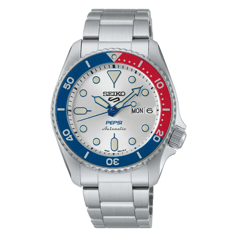 Seiko 5 SRPL99K1 Limited Edition "Pepsi" Sports Automatic Diver Silver Dial 38mm Stainless Steel Men's Watch