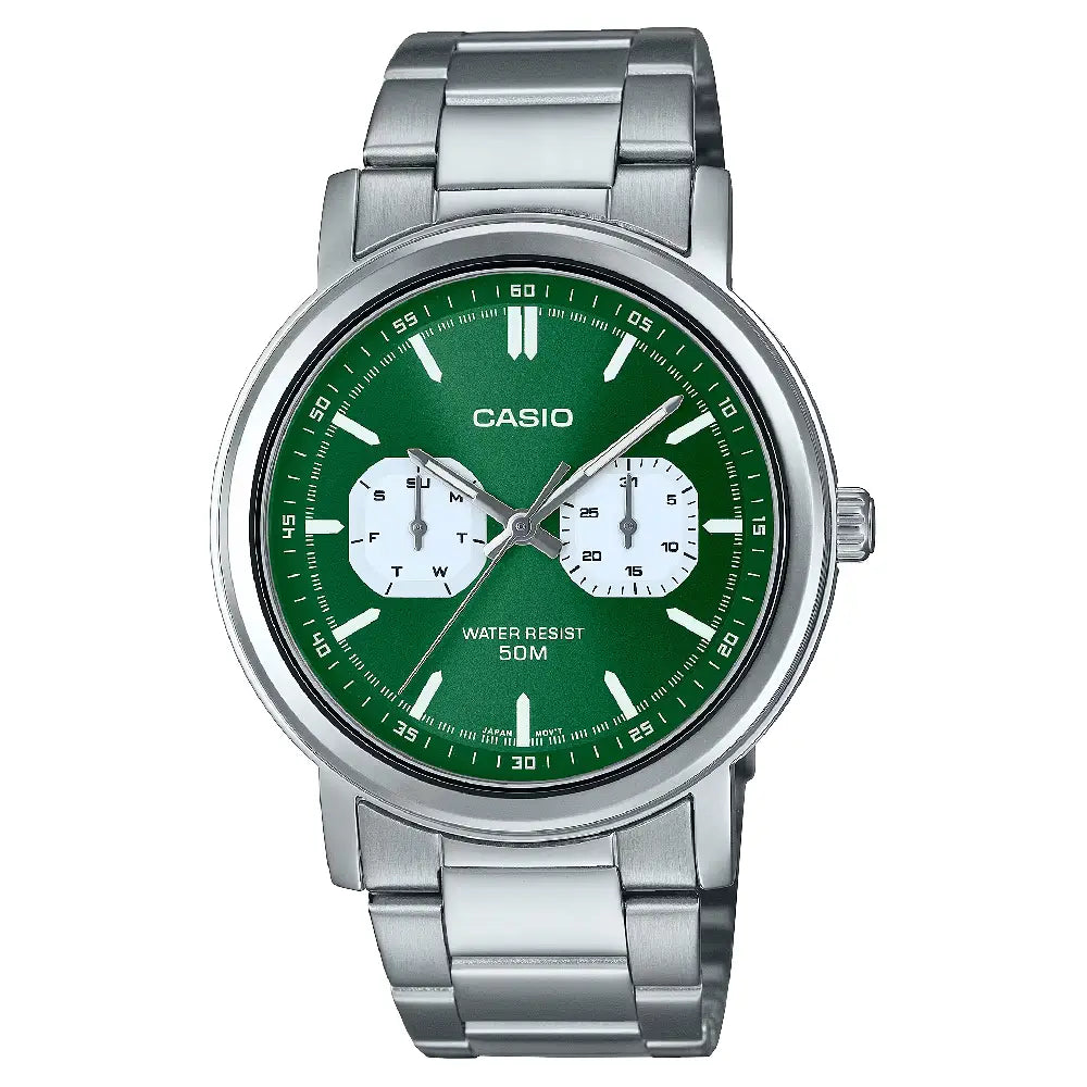 Casio Enticer MTP-E335D-3EVDF Multi-Function Analog Green Dial Stainless Steel Men's Watch