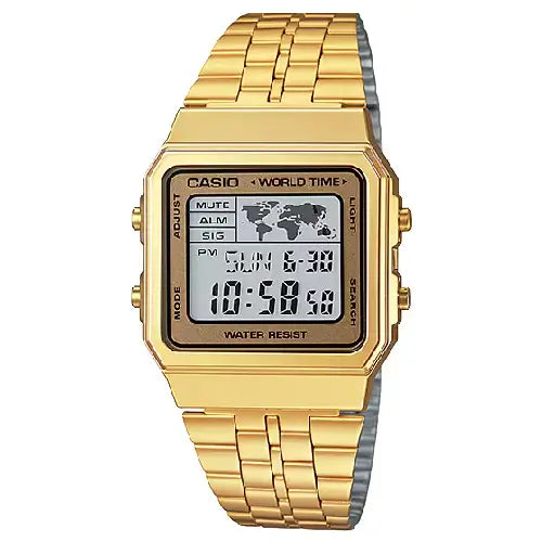 Casio Vintage Digital A500WGA-9DF World Time Gold Dial Stainless Steel Unisex Watch