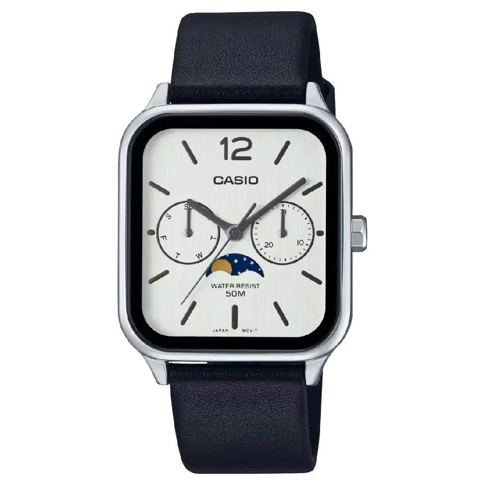 Casio Enticer MTP-M305L-7AVDF Multi-Hand Moon Phase Analog White Dial Leather Strap Men's Watch