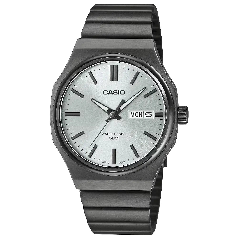 Casio Enticer Quartz Octagon "Casiocto" 37.5mm MTP-E735B-7AVDF Silver Dial Black Ion-Plated Stainless Steel Men's Watch