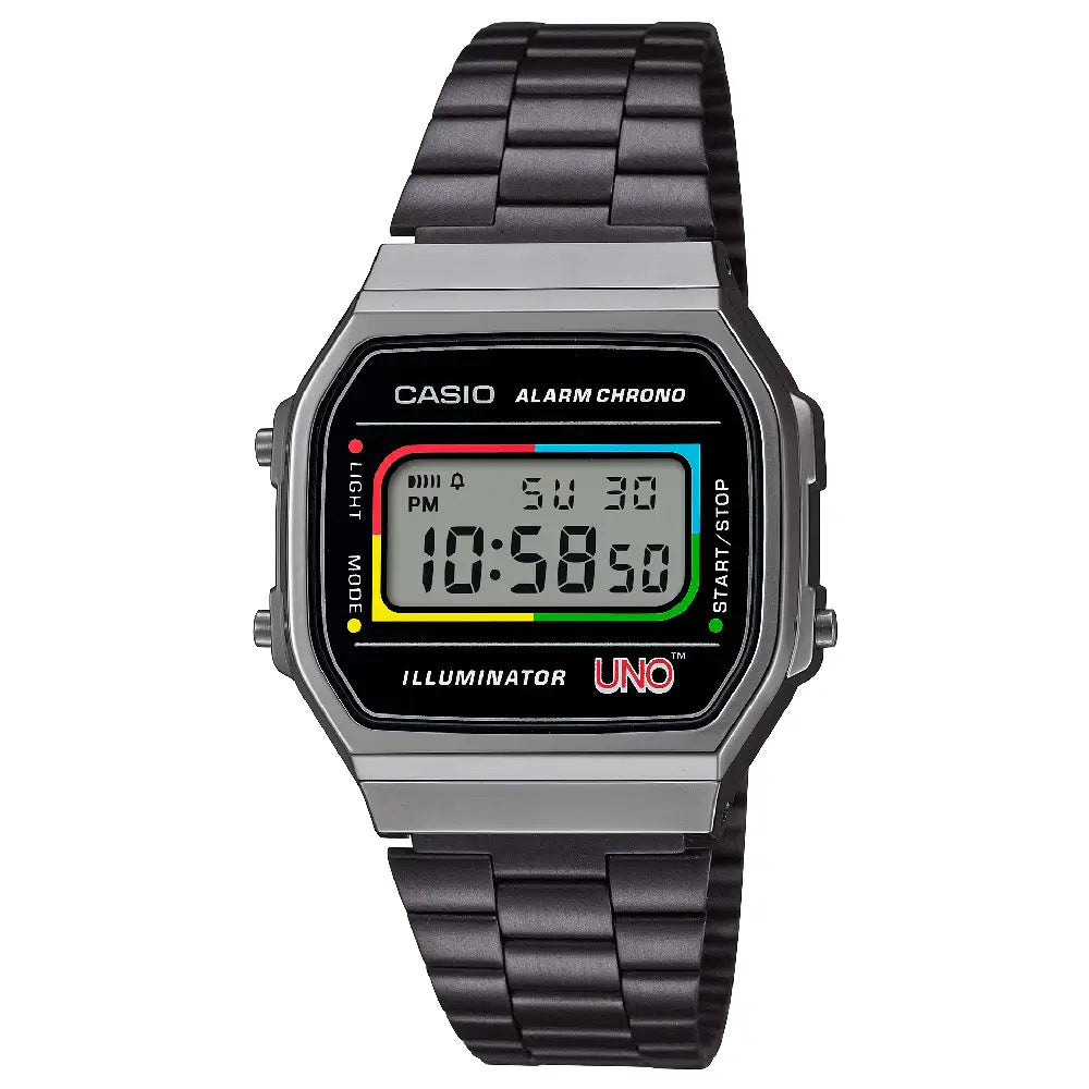 Casio Vintage Digital A168WEUC-1ADR Black with UNO Motif Dial Stainless Steel Unisex Watch
