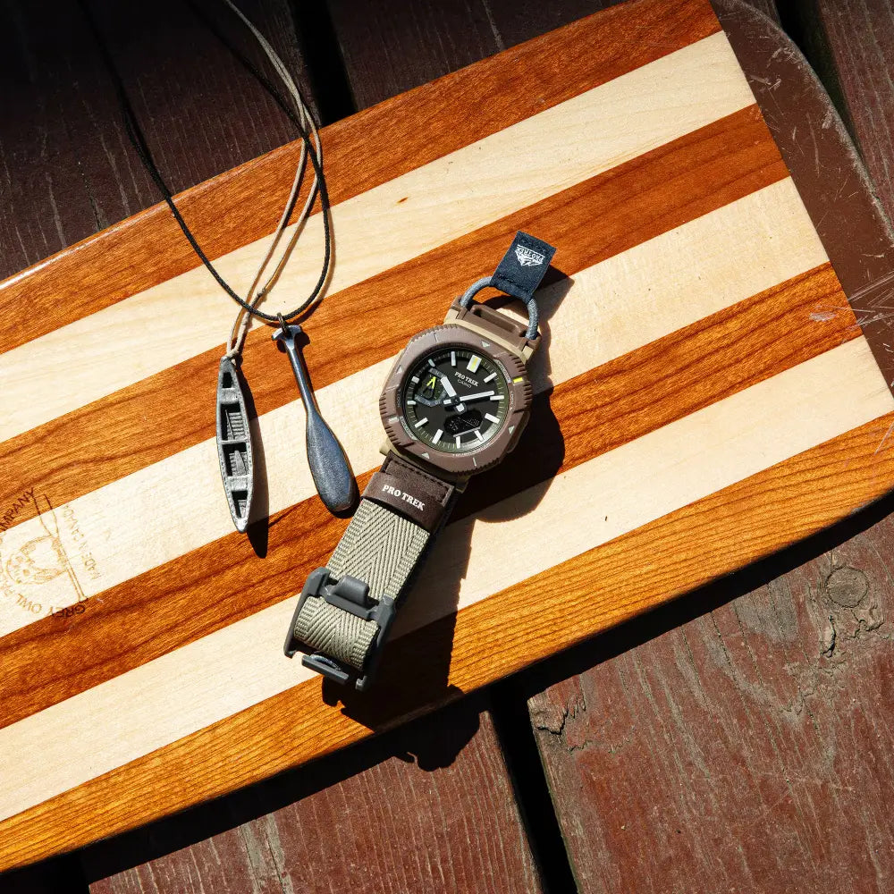 Casio ProTrek PRJ-B001B-5DR Analog-Digital Solar Bluetooth "Rotary Guard" Brown Dial Cloth Bungee Strap Men's Watch