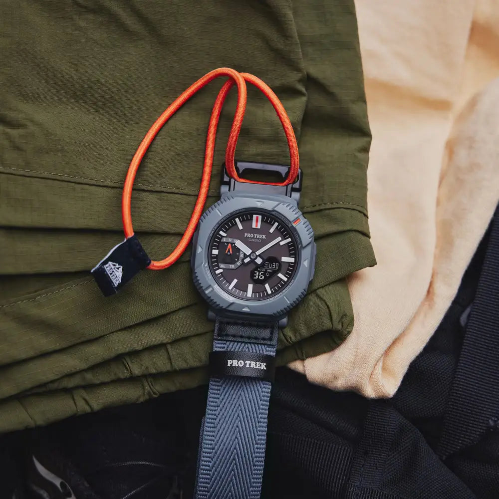 Casio ProTrek PRJ-B001B-2DR Analog-Digital Solar Bluetooth "Rotary Guard" Dusty Blue Dial Cloth Bungee Strap Men's Watch