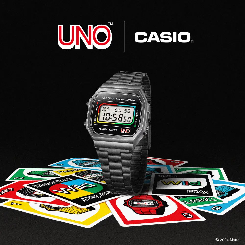 Casio Vintage Digital A168WEUC-1ADR Black with UNO Motif Dial Stainless Steel Unisex Watch