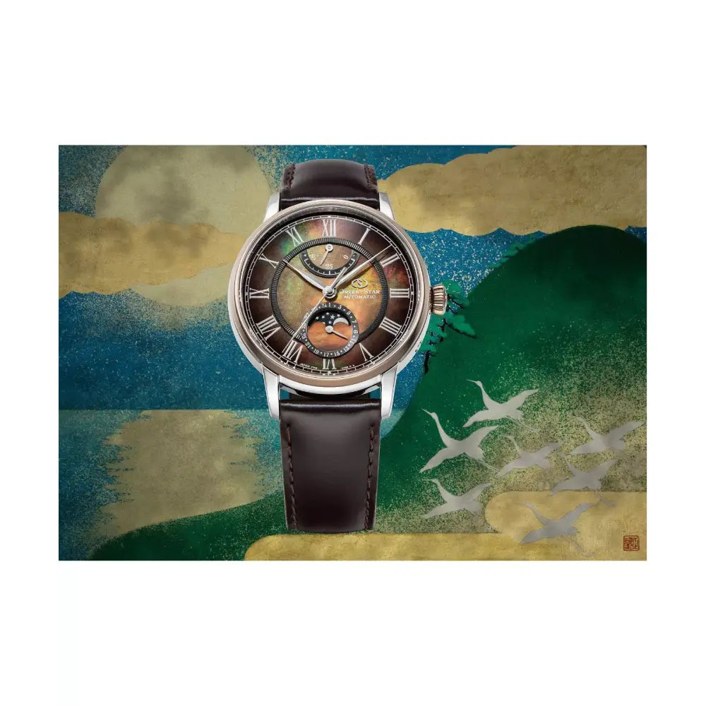 Orient Star RE-AY0121A00B Automatic Moon Phase Limited Edition (180 pieces worldwide) "Lake Tazawa" Mother-of-Pearl Dial 41mm Leather Strap Men's Watch