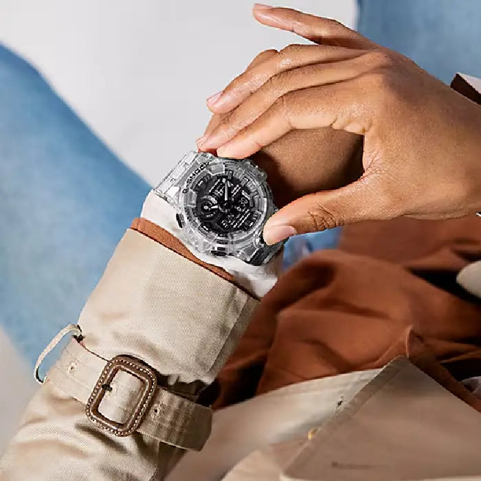 Casio GA-700SKE-7A G-Shock watch with clear resin strap front angle view