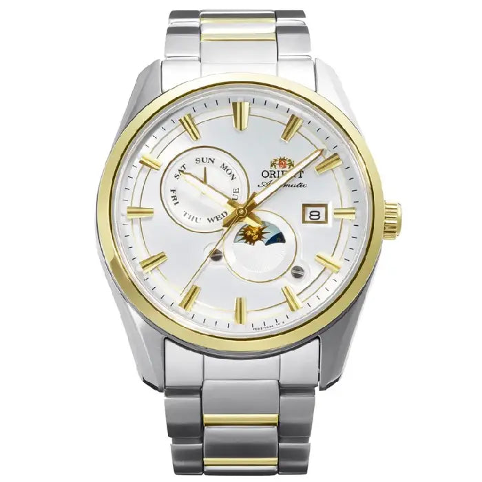 Orient RA-AK0312S Sun and Moon automatic men's watch white dial gold-tone stainless steel