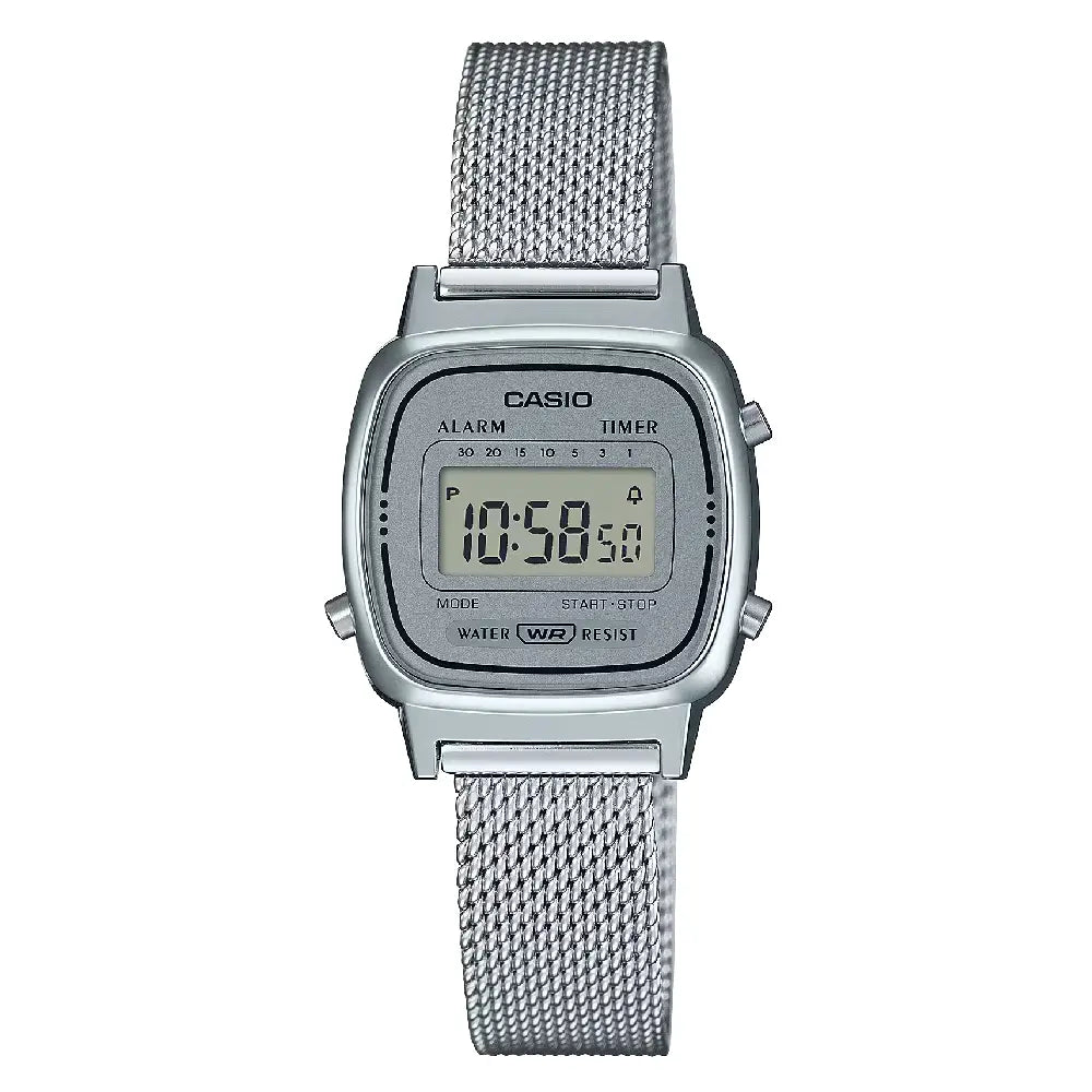 Casio Vintage Digital Mini LA670WEM-7DF Silver Dial 24.6mm Stainless Steel Mesh Women's Watch
