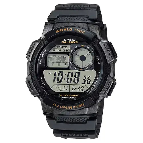 Casio World Time Digital AE-1000W-1AVDF Black Dial Resin strap Men's Watch