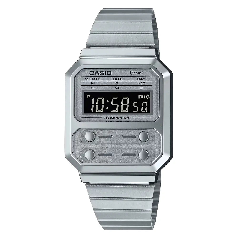 Casio Vintage Digital A100WE-7BDF Silver Dial Stainless Steel Unisex Watch
