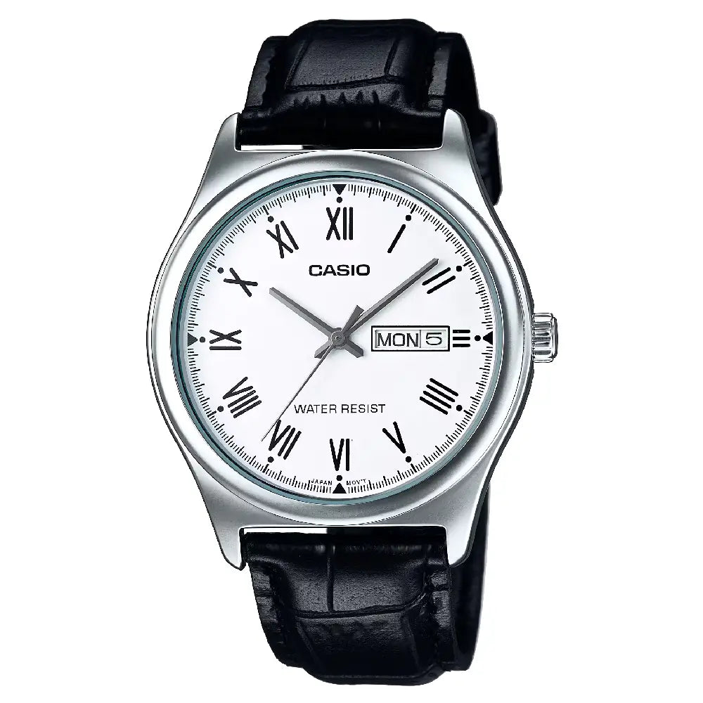 Casio Enticer MTP-V006L-7BUDF Day Date Analog White Dial Leather Strap Men's Watch