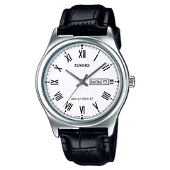 Casio Enticer MTP-V006L-7BUDF Day Date Analog White Dial Leather Strap Men's Watch